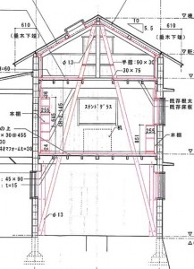 断面図を見ると1階、2階、小屋裏へと大方杖（だいほうずえ）が貫かれて家を支えているのがよく解る。