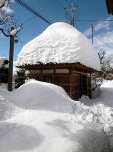 15日（土）午後になって青空が見えました、　会社の茅葺き屋根の茶室「美壺庵」も御覧の通り雪の中